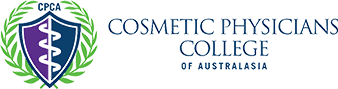 A blue and white logo for cosmetic college of australia.